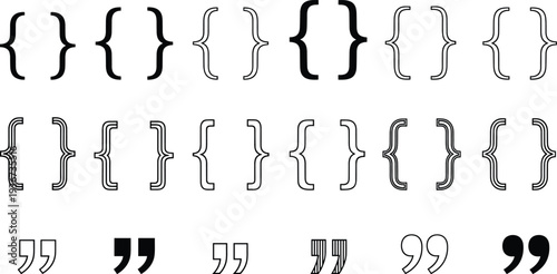 Curly brackets and quotation marks symbol collection vector set including braces and quote icons for coding, typography, programming and text formatting design