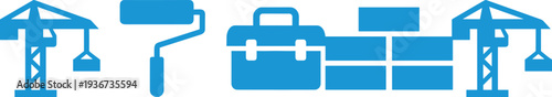 construction tools and equipment icons set, crane paint roller toolbox bricks building industry vector illustration collection