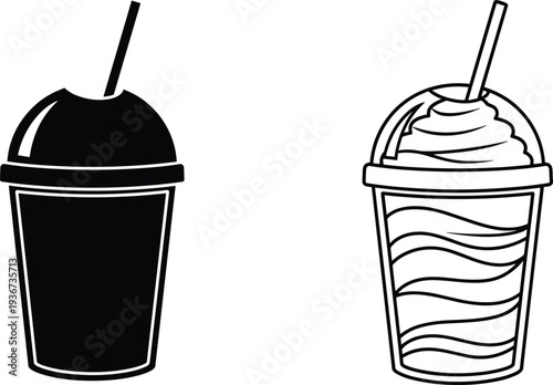 Disposable beverage cups with dome lids and straws, shown in silhouette and detailed line art styles, symbolizing drinks, soda, coffee, milkshake, and café design concepts.