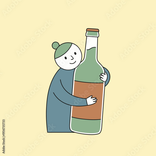 Happy Person Hugging Large Green Bottle with Brown Label on Yellow Background