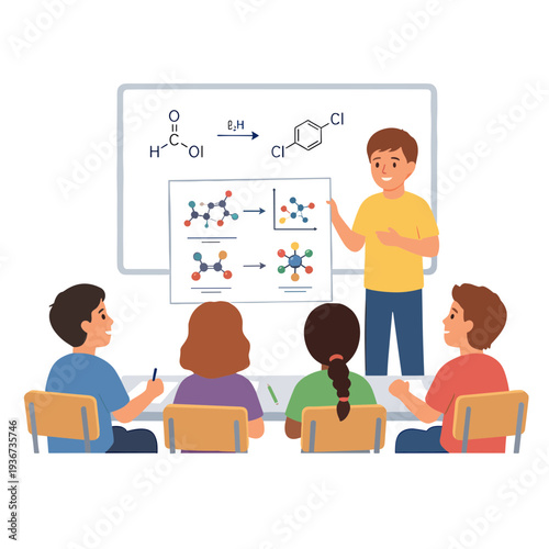 Teacher explains chemistry to students in classroom with whiteboard