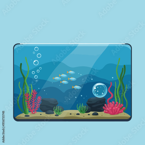 Vibrant underwater aquarium scene with small fish, coral, rocks, and aquatic plants.