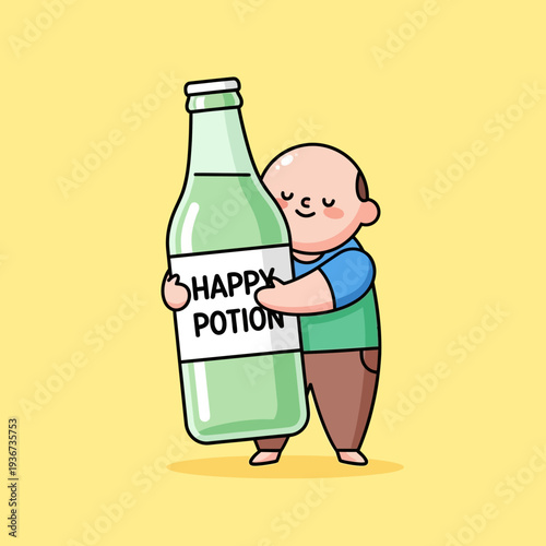 Happy Man Hugging Giant Bottle of "Happy Potion" - Joyful Concept