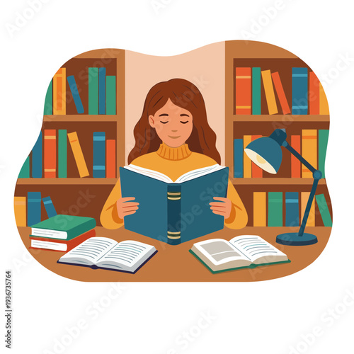 A woman reads a book sitting at a desk in a library surrounded by books and a lamp.