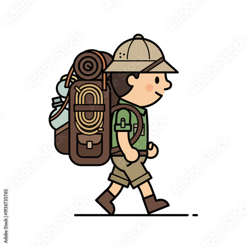 Adventurous Cartoon Explorer with Backpack Hiking in Nature