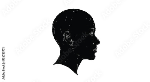 Abstract vector illustration of a black human profile silhouette featuring a man, woman, and girl with artistic hair outlines and brain symbols representing people