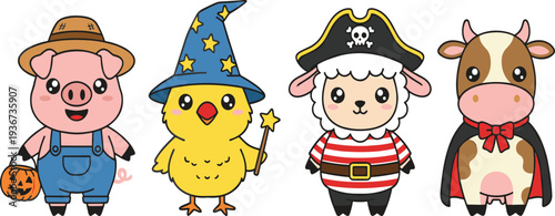 Cute cartoon farm animals in costume set including pig, chick, sheep and cow characters for kids illustration isolated