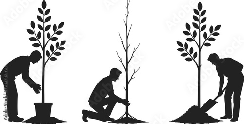 Tree planting silhouettes set, gardener planting and watering plants environmental conservation vector illustration collection