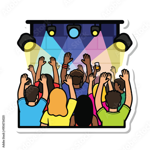 Crowd of people with raised hands at a concert illuminated by stage lights, capturing an energetic atmosphere and joyful event.