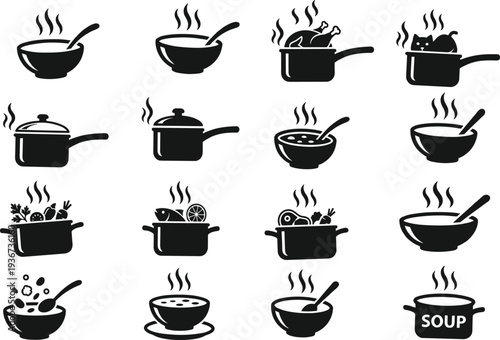 Cooking pot and soup bowl silhouette icon collection with steaming kitchen cookware food preparation symbols isolated for restaurant menu design
