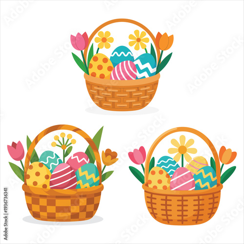 Three Easter Baskets Filled With Decorated Eggs and Flowers