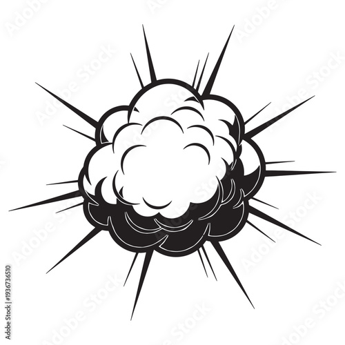 A black and white illustration of an explosion with a large cloud of smoke