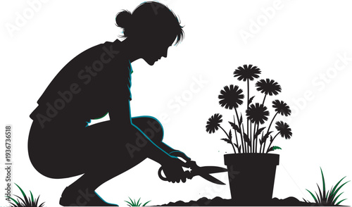 Woman gardener silhouette pruning flowers in pot with scissors, spring gardening activity planting care nature hobby