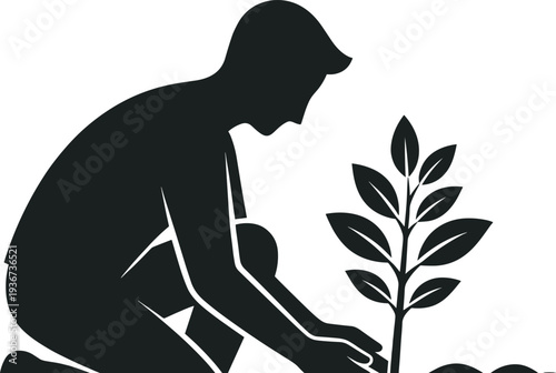 Woman planting young tree silhouette, gardening nature care environmental conservation vector illustration isolated design concept