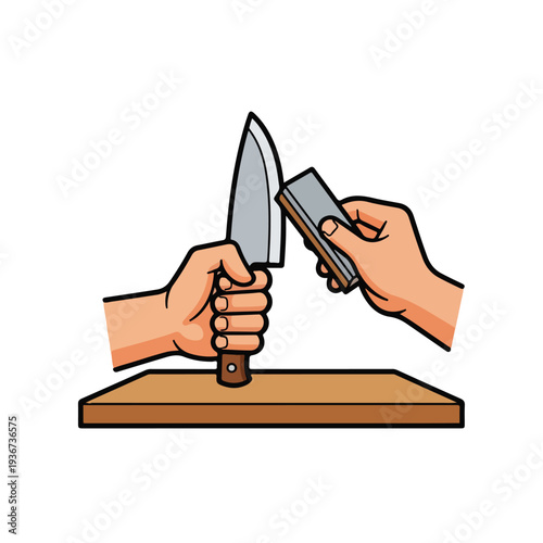 Hands holding knife and whetstone on wooden surface, sharpening edge with care and precision