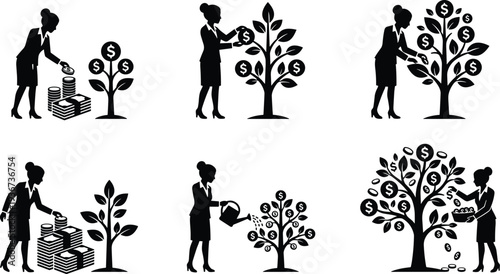 investment growth concept set, businesswoman nurturing money tree financial success wealth management savings and profit illustration