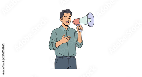 Man making announcement using megaphone. Communication, marketing promotion, and public message concept. Modern flat vector illustration isolated on background.