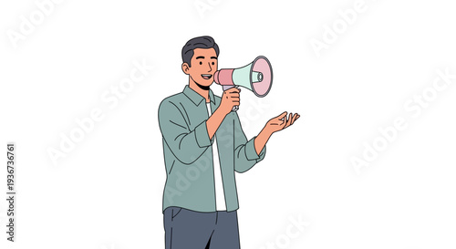 Man making announcement using megaphone. Communication, marketing promotion, and public message concept. Modern flat vector illustration isolated on background.