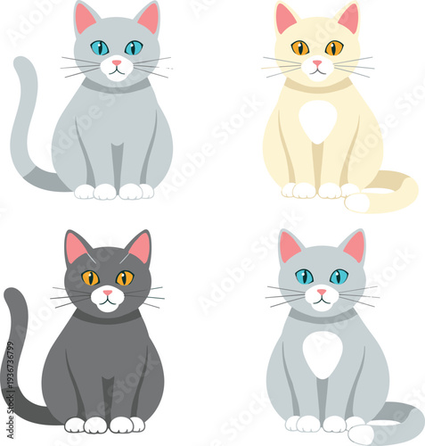 Cartoon cats collection with distinct fur colors, eye variations, and markings, playful feline icons for decorative and educational design.