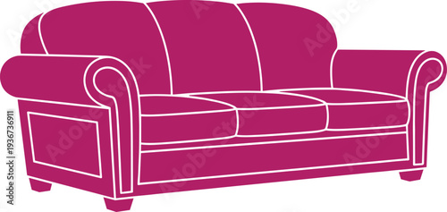 Stylized magenta three-seater sofa with rolled arms, cushions, and decorative paneling, vector furniture icon for interior design projects.