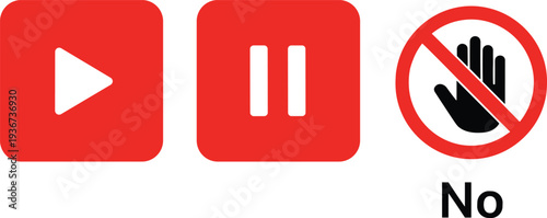 Play triangle, pause bars, and prohibition hand icon with “No” text — control and restriction symbols for interface and safety design.