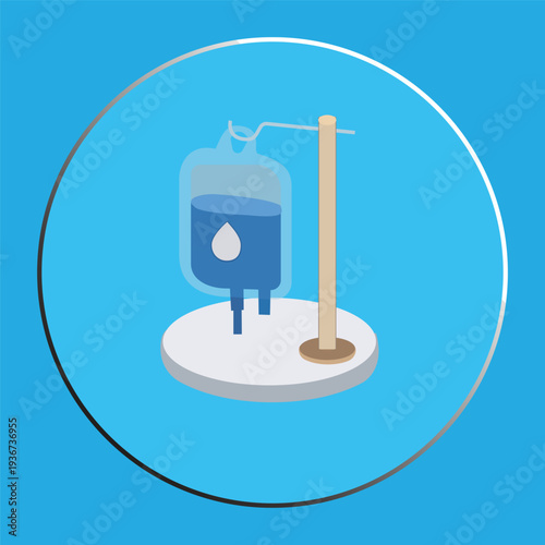 Isometric IV Drip Bag Icon on Blue Circular Background - Medical Infusion Concept