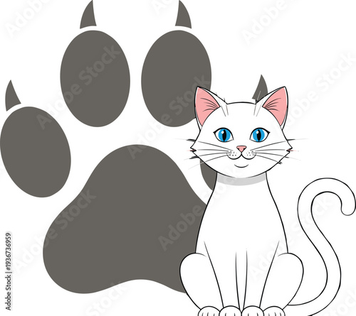 Cartoon white cat with blue eyes sitting in front of dark gray paw print, pet animal icon for veterinary design.