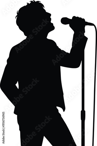 male singer silhouette with microphone, live music performance artist, vocalist concert stage entertainment vector illustration isolated design