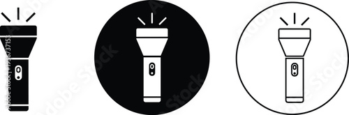 Flashlight torch icon set with light beam symbol in solid and outline style vector illustration for emergency, camping and illumination concept