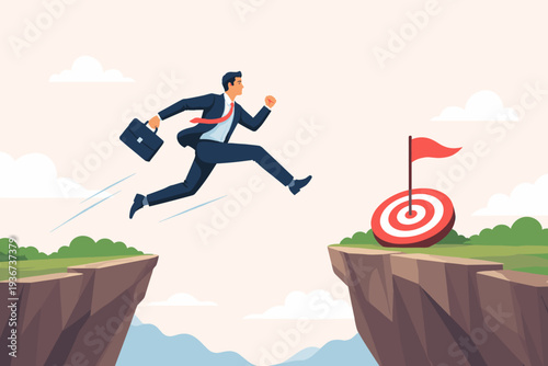 Determined businessman in suit leaping over a deep chasm towards a target with a red flag, representing bravery, overcoming obstacles, career challenges, and achieving professional success.