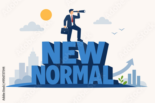 Businessman with telescope standing on big New Normal text looking for future opportunities. Concept of business vision, leadership, and adaptation in a post-pandemic world. Flat vector illustration.