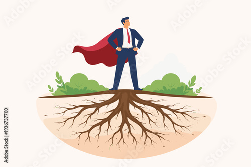 Resilient Businessman Superhero Standing on Strong Deep Roots Symbolizing Endurance, Strength to Survive Crisis, Vitality to Recover from Trouble, and a Solid Foundation for Career Growth.
