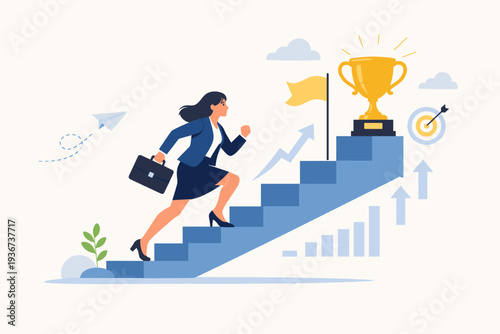 Businesswoman running up stairs to reach a golden trophy, symbolizing career success, professional growth, motivation, and achievement of goals in a modern flat vector illustration style.