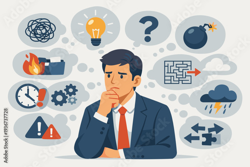 Stressed businessman overwhelmed by complex problems and many thinking ideas, contemplation of solutions for business challenges, decision making and multitasking concept vector illustration