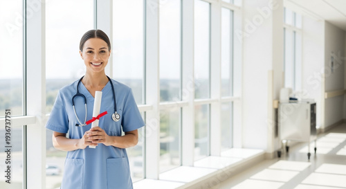 Young female nurse smiling and holding a diploma in hospital corridor  