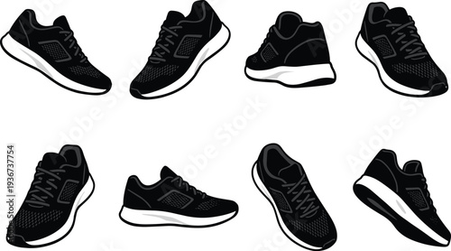 running shoes sneaker collection vector illustration, athletic sport footwear trainers jogging fitness shoe design set