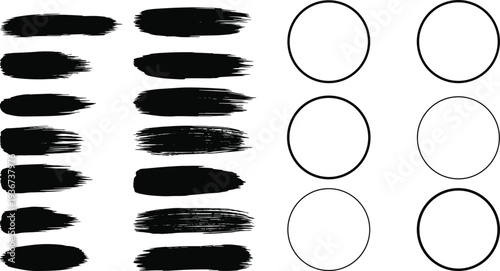 Grid of textured brush strokes and outlined circles, symbolizing artistic variation, design comparison, texture classification, creative pattern, and abstract illustration concepts.