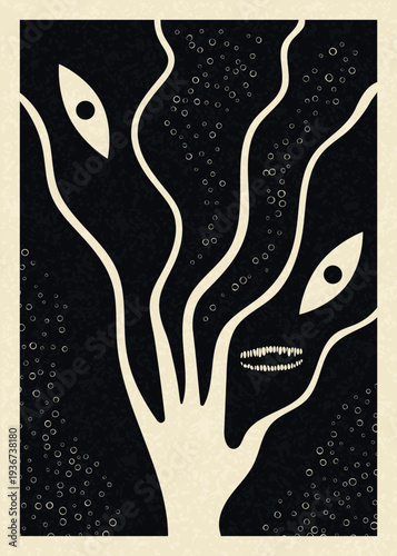 Surreal Symbolic Hand Tree with Watching Eyes – Abstract Mystical Poster. Horror occult poster