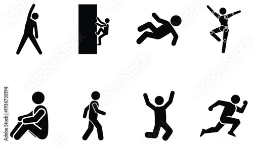 Human Activity Pictogram Icon Set Running Walking Climbing Jumping Stick Figure Silhouettes