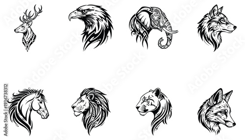 Tribal Animal Head Tattoo Vector Set Lion Wolf Fox Eagle Elephant Deer Horse Wildlife Collection
