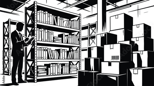 warehouse inventory management concept, worker checking boxes and shelves in storage facility, logistics supply chain distribution vector illustration