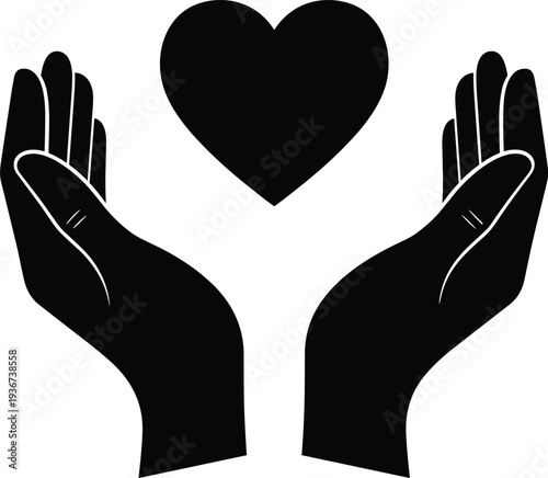 Hands holding heart icon symbolizing care, charity, love and support black silhouette vector illustration for healthcare, donation, kindness and compassion 
