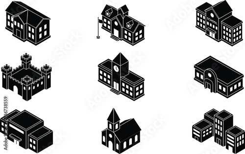 Isometric building silhouettes collection including school church castle office house and public architecture icons isolated for city map urban planning design