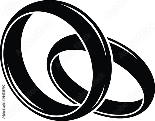 Interlocking black wedding rings with glossy finish and three‑dimensional shading, symbolizing marriage, unity, love, partnership, commitment, relationship, and wedding ceremony concepts.