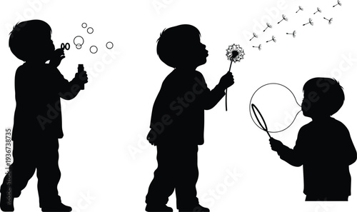 Children silhouette blowing bubbles, dandelion seeds, playful childhood activities, black illustration, whimsical scene, carefree joy, nature inspired artwork, dynamic imaginative design