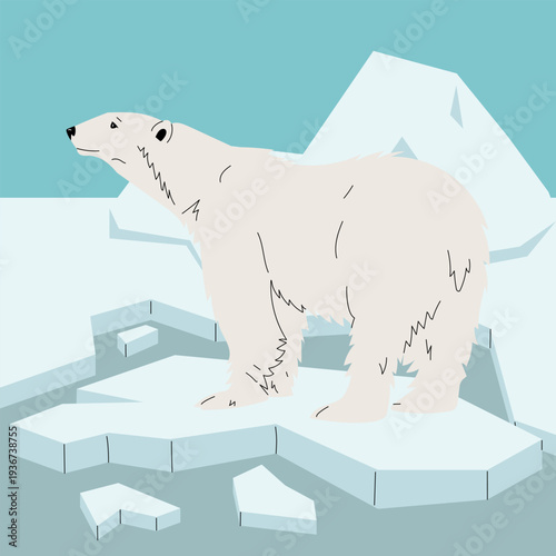 White polar bear stands on four paws sideways on ice floe in cold arctic ocean water. Flat illustration for global warming awareness banners, climate change posters, arctic nature graphics or winter