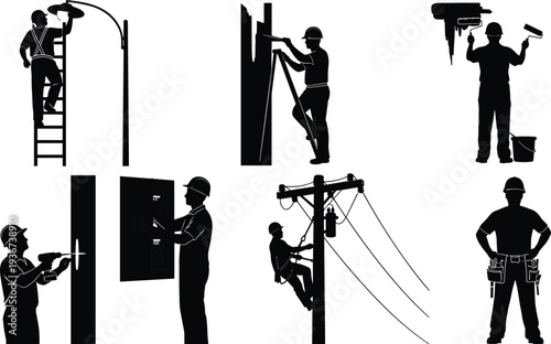 Construction worker silhouettes, ladder repair, painting wall, drilling panel, utility pole climbing, tool belt supervisor, maintenance tasks, skilled trades, industrial labor illustration