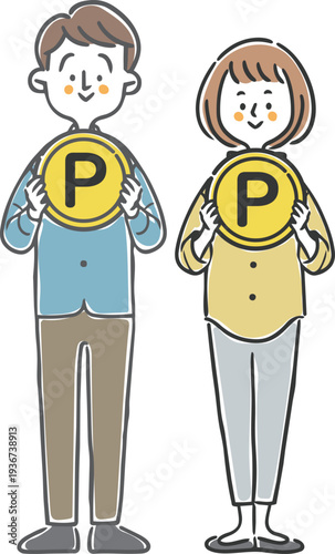 ポイントのコインを持つ夫婦　全身　ベクター