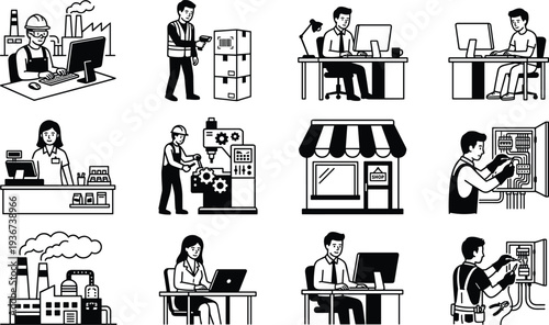workers profession icons set, factory technician office employee electrician retail staff industry job people vector illustration collection