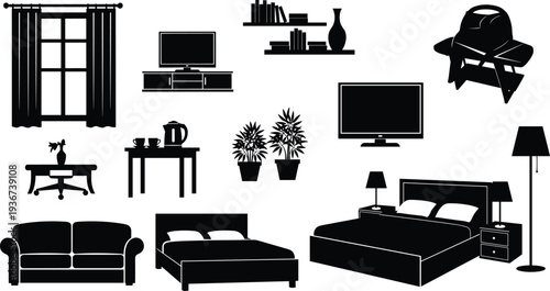 Household furniture silhouettes, window curtains, sofa, dining table, bed with pillows, nightstand lamp, television stand, potted plants, interior decor illustration